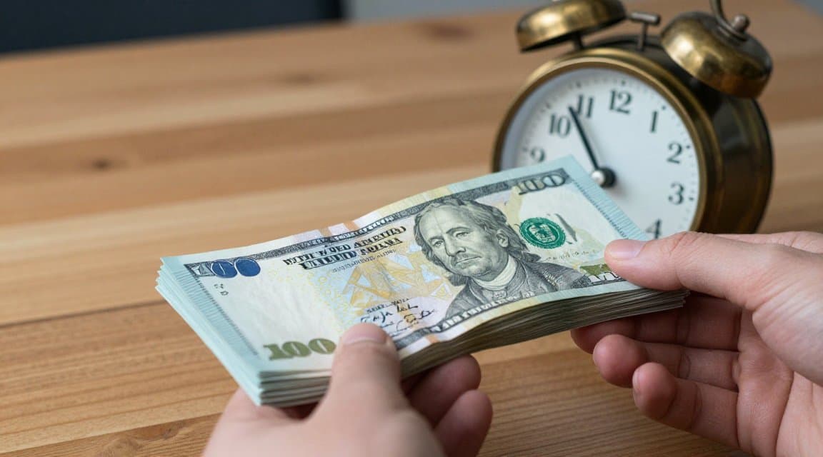 Una sveglia di ottone appoggiata su una pila di banconote, che illustra il limite di tempo del rimborso di un'app e per quanto tempo i ricavi restano reversibili dopo una vendita