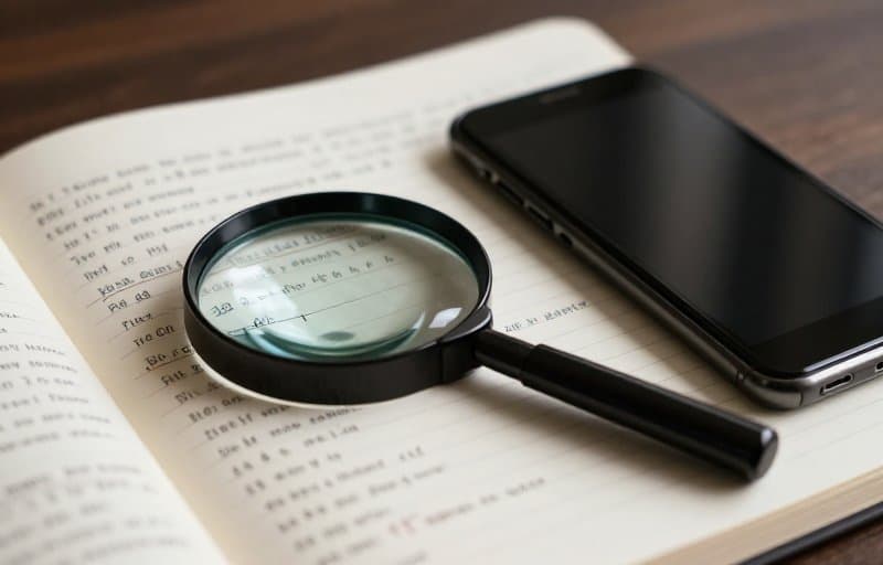 Bir akıllı telefonun yanında, kağıt bir işlem defterinin vurgulanmış tek bir satırının üzerinde asılı duran bir büyüteç; App Store iade geçmişinde tek bir müşterinin iadelerini aramayı gösteriyor
