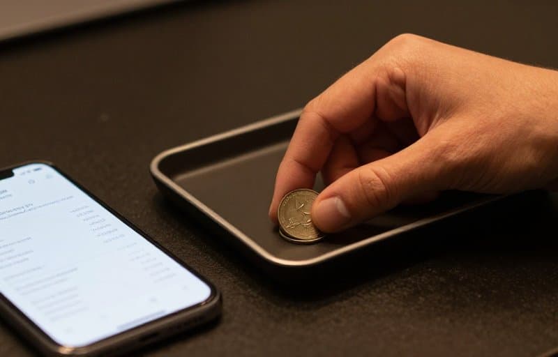 Una moneta che viene riposta accanto a uno smartphone, a illustrare un rimborso annullato dell'App Store che restituisce la vendita allo sviluppatore