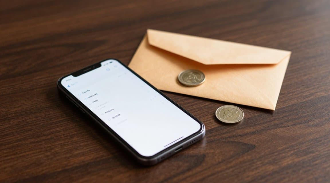 Uno smartphone che mostra una ricevuta di pagamento accanto a una busta restituita e a una singola moneta, a illustrare le notifiche di rimborso dell'App Store che Apple invia dopo aver deciso un rimborso
