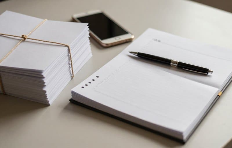 Two stacks of paper ledgers on a desk, one tied up and set aside and one open with a pen, illustrating how order records split between accounts when you transfer an app to another developer account