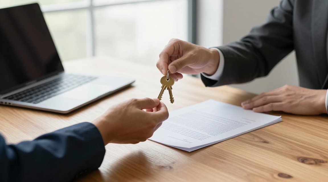 Two people exchanging a set of keys across a desk beside a signed contract, illustrating what happens to refunds when you transfer an app to another developer account