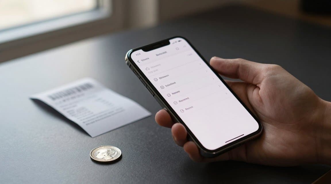 Dłoń trzymająca smartfon z ekranem ustawień konta obok papierowego paragonu i monety, ilustrująca wewnątrzaplikacyjny wniosek o zwrot, który klient może rozpocząć bez opuszczania aplikacji