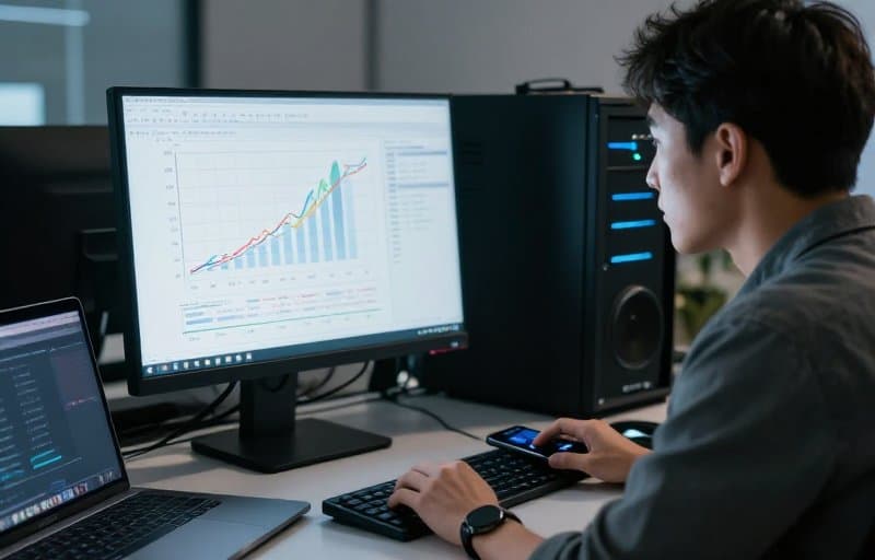 Ein Entwickler am Schreibtisch beobachtet Graphen zur Server-Antwortzeit auf einem Monitor neben Laptop und iPhone, die Art von ständig erreichbarem Endpunkt, die Apples Retention Messaging API erwartet