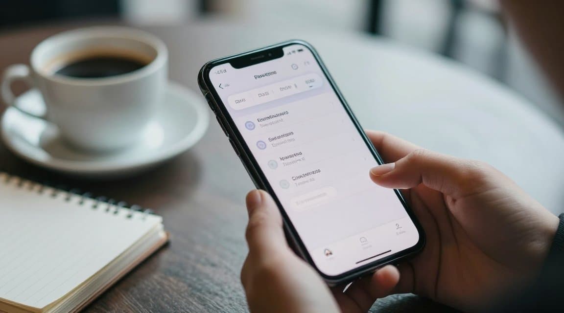 Eine Person an einem Cafétisch hält ein iPhone mit geöffneten Abonnement-Einstellungen, genau der Moment, für den Apples Retention Messaging API gebaut ist
