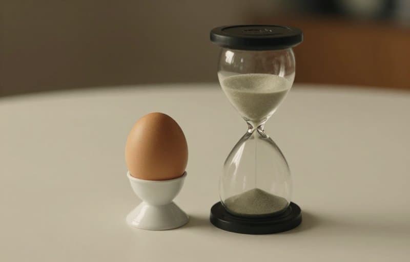 Eine Eieruhr, deren Sand abgelaufen ist, neben einer viel größeren Sanduhr, die noch rinnt, zeigt ein kurzes, geschlossenes Erstattungsfenster, während ein langes Chargeback-Fenster weiterläuft