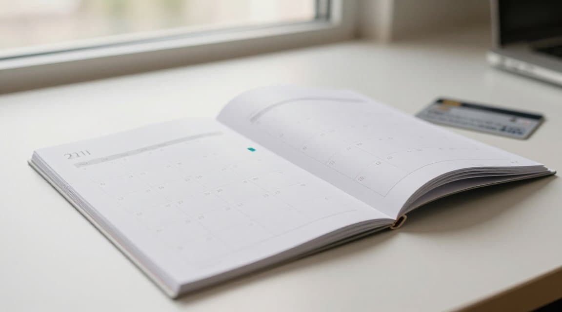Ein Tischkalender mit mehreren aufgefächerten Monaten und einer einzelnen Bankkarte am äußersten Rand, der zeigt, wie lange die Chargeback-Frist nach einem Verkauf offen bleibt