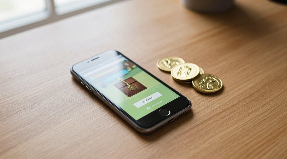 Một chiếc điện thoại thông minh hiển thị ví xu trong ứng dụng bên cạnh những đồng token vàng bị đổ ra, minh họa một khoản hoàn tiền mua hàng trong ứng dụng loại tiêu hao khi món hàng đã được cung cấp