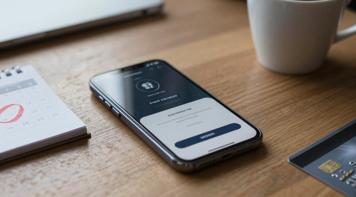 Smartfon na biurku pokazujący kończący się próbny okres subskrypcji i pierwsze obciążenie, ilustrujący zwrot po bezpłatnym okresie próbnym w chwili, gdy okres próbny przechodzi w płatny