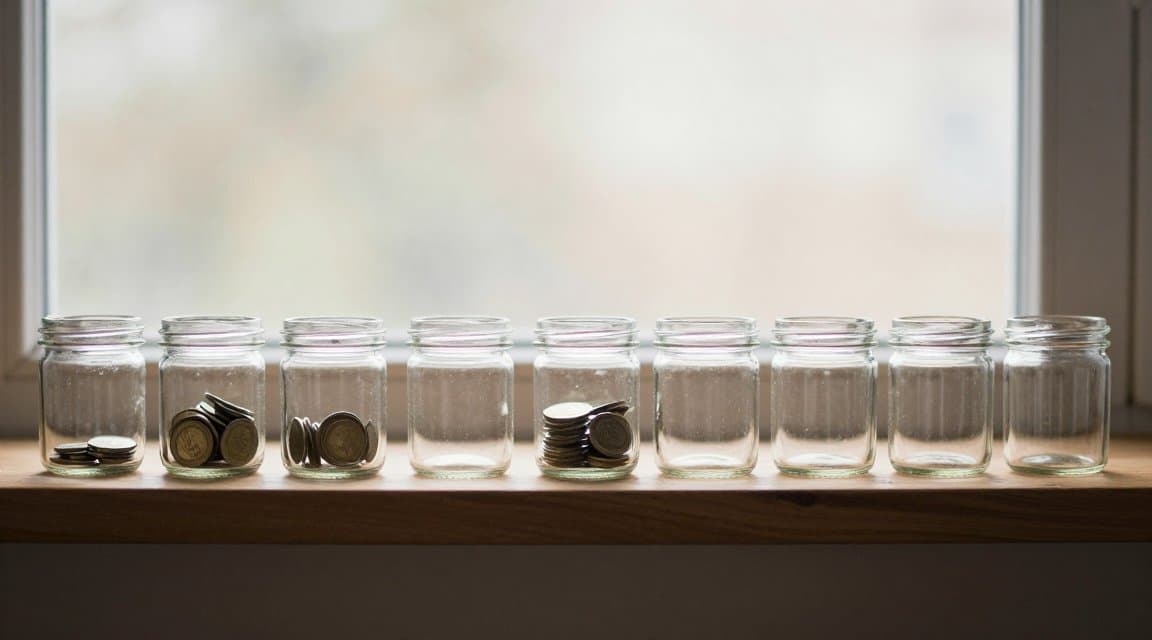A row of glass jars on a shelf with only the first few holding coins, illustrating how Google Play installment subscriptions pay out one month at a time