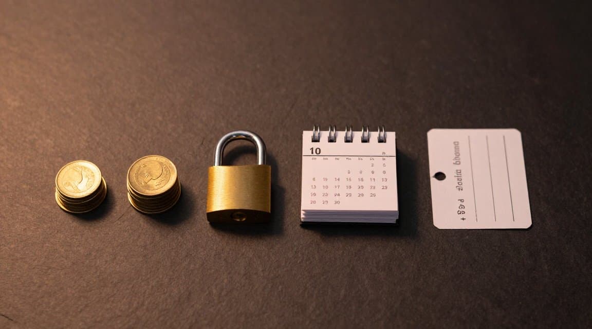 A stack of coins, a padlock, a calendar, and a ticket in a row on a warm-lit desk, illustrating how every in-app purchase type refunds differently