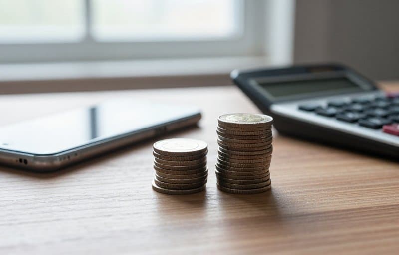 Due pile di monete su una scrivania, una più bassa dopo che alcune monete sono state tolte, accanto a un telefono e a una calcolatrice, a mostrare come i rimborsi riducono le entrate alla base del ROAS netto