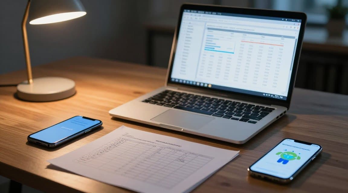 La scrivania di un analista di marketing con grafici delle campagne pubblicitarie su un portatile, un iPhone, un telefono Android e righe stampate cancellate, a rappresentare il ROAS netto dopo i rimborsi dell'app