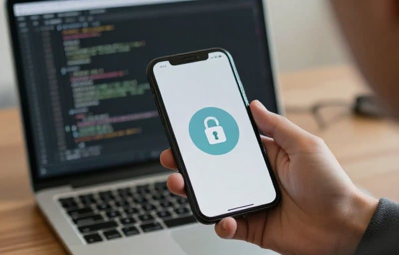 Un développeur tenant un téléphone affichant un cadenas devant un ordinateur portable, vérifiant l'accès après le remboursement d'une app payante