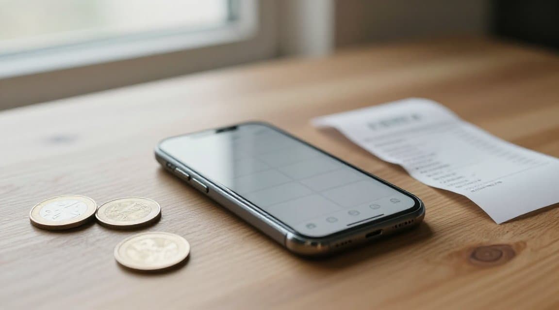 Un smartphone posé sur un bureau en bois à côté d'un ticket de caisse déchiré et de quelques pièces, illustrant le remboursement d'une app payante