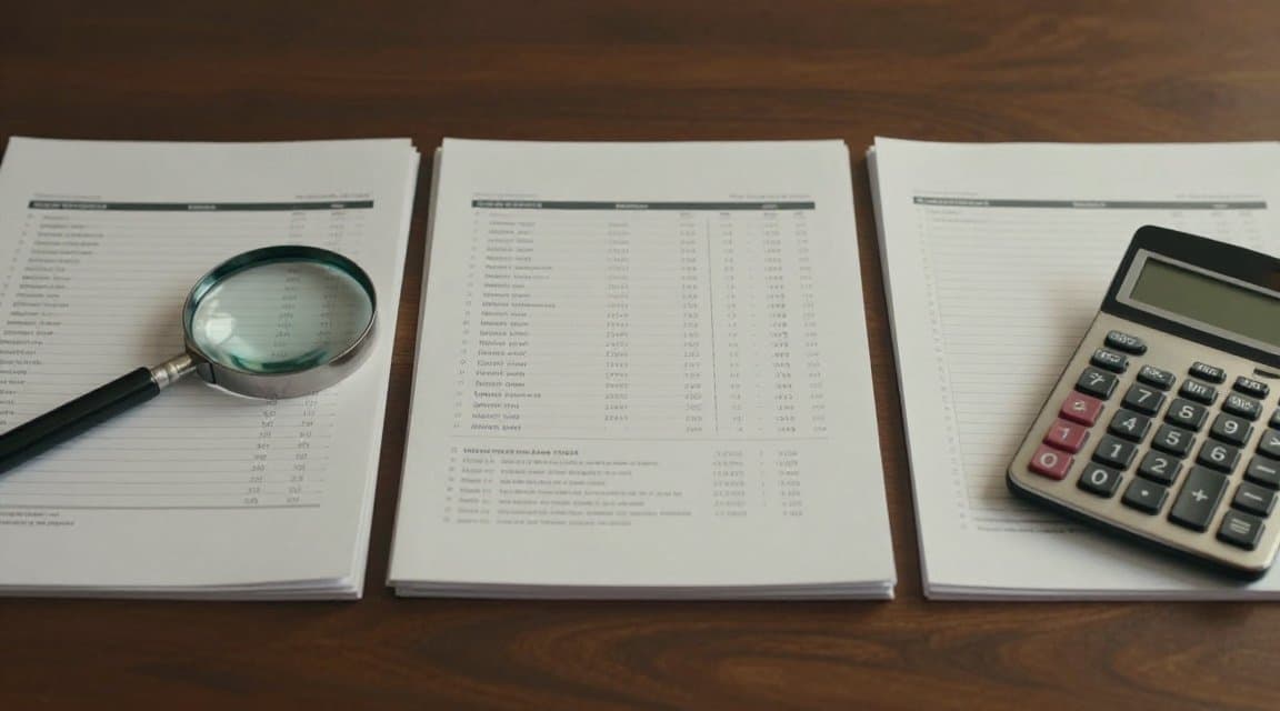 An accountant's desk with three separate stacks of printed financial reports and a magnifying glass, illustrating how hard it is to reconcile refund reports across Apple and Google