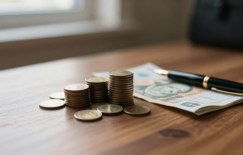Coins stacked beside a bank receipt and a pen on a warm wooden desk, standing in for the money a prevented refund keeps: the sale, the delivery cost, and the chargeback fee