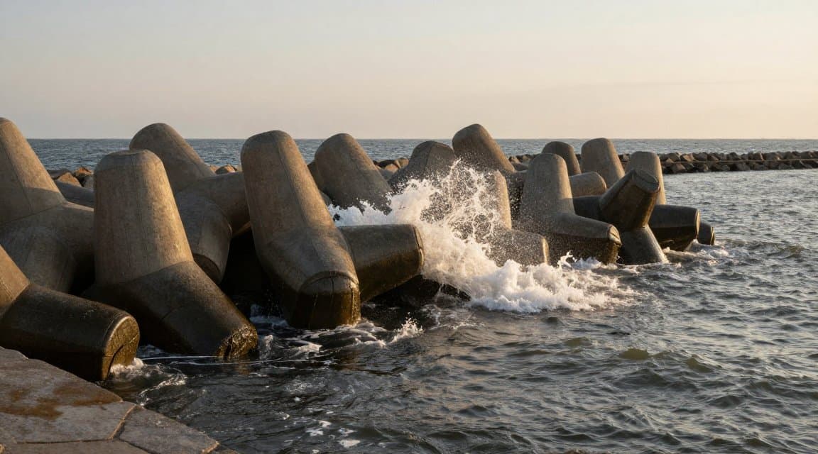 A stone breakwater holding back a churning sea at golden hour, a picture of how developers reduce app refunds by stopping them before they reach the shore