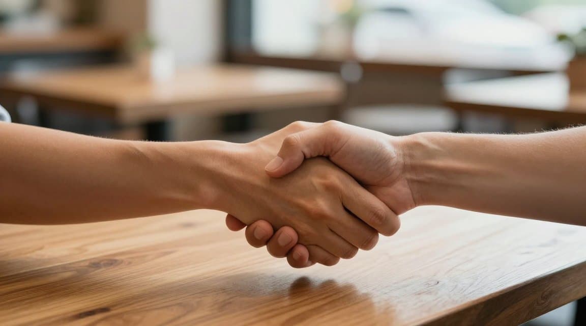 Two hands meeting in a handshake across a cafe table, illustrating a customer agreeing to a subscription price increase