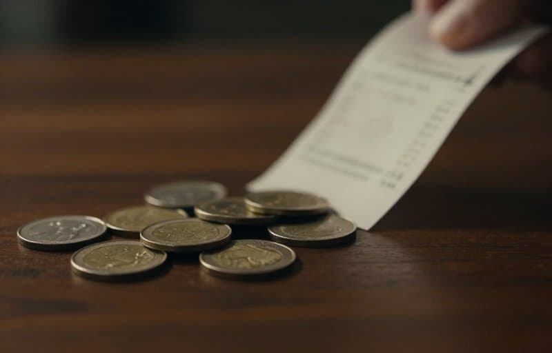 A folded receipt and coins being pulled back across a dark table, illustrating the money already spent when an unacknowledged Google Play purchase is refunded and revoked