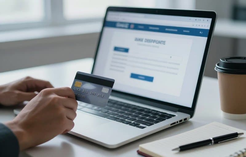 Eine Hand hält eine Kreditkarte neben einem Laptop, der einen Bankstreitfall zeigt, und veranschaulicht, was Erstattungen beim alternativen Billing und Chargebacks einen Entwickler kosten