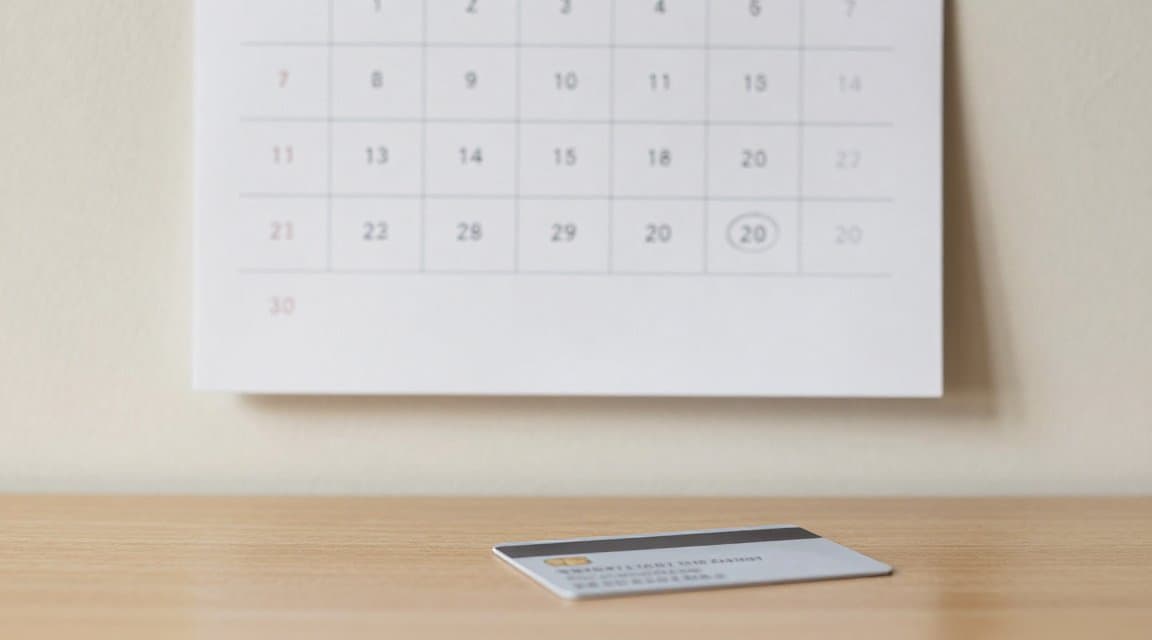 A twelve-month wall calendar above a desk with a single bank card below it, illustrating an annual subscription refund pulling back a whole year