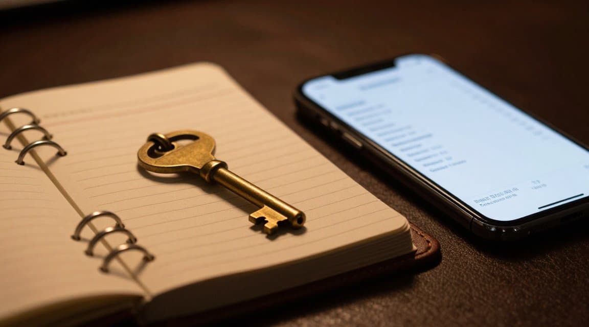Karanlık bir defterin üzerinde, satın alma fişi gösteren bir akıllı telefonun yanında duran numaralı pirinç bir anahtar, bir appAccountToken'ın bir App Store satın alımını bir kullanıcı hesabına nasıl bağladığını gösteriyor