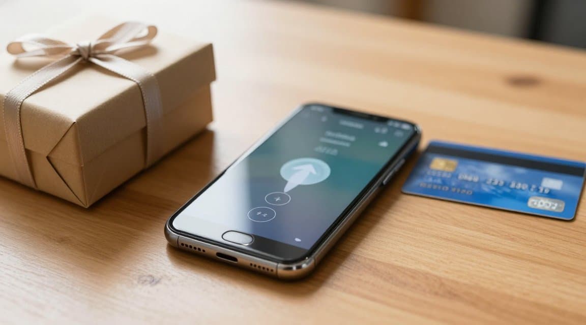 A phone showing a launch countdown beside an unopened gift box and a bank card, illustrating an app pre-order that has not been charged yet