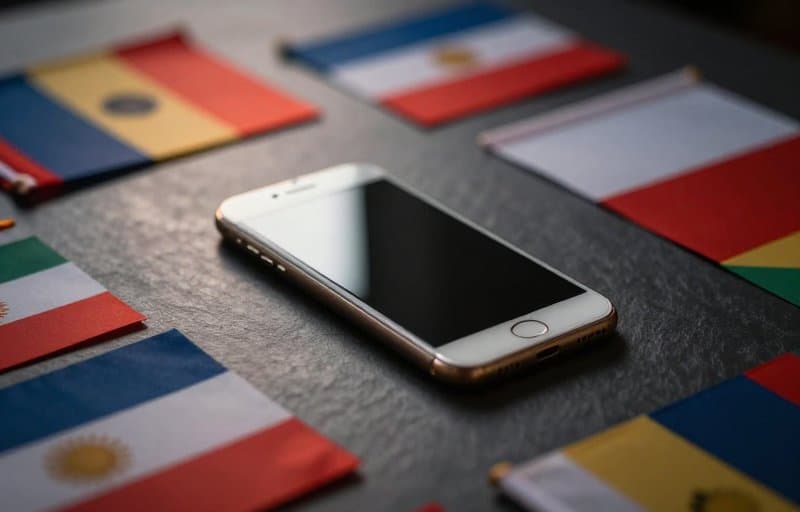 Un singolo smartphone su una superficie di ardesia circondato dalle ombre morbide di diverse bandiere nazionali, che illustra come le leggi sui rimborsi delle app cambiano in base al paese del cliente mentre l'influenza dello sviluppatore no