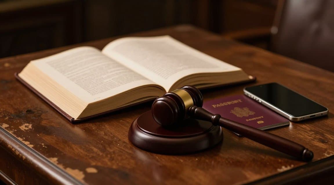 La scrivania di un avvocato sotto una luce calda con un libro di legge aperto, un martelletto di legno, un passaporto e uno smartphone, che illustra come le leggi sui rimborsi delle app cambiano in base al paese del cliente