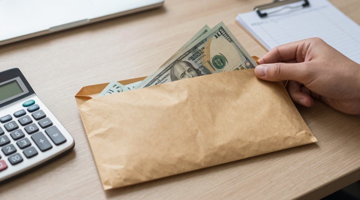 A hand pulling banknotes back out of a pay envelope beside a calculator and a ledger, illustrating how app refunds come out of your payout