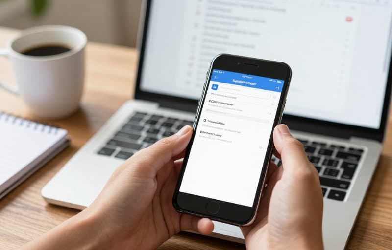 A developer holding a smartphone over a laptop showing a support inbox, checking a refund request against the app refund policy