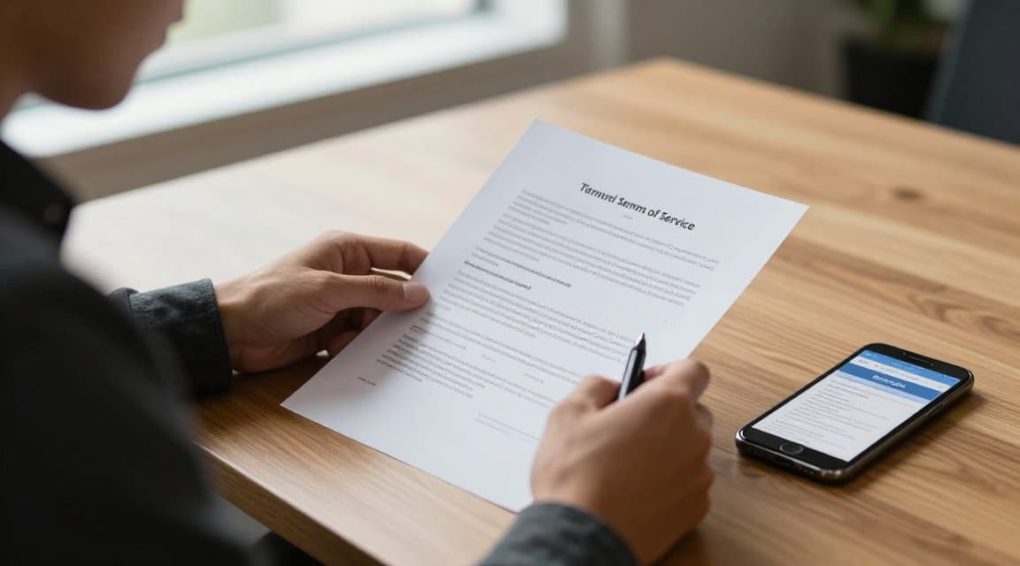 A developer at a desk reviewing a printed terms document next to a smartphone, drafting an app refund policy