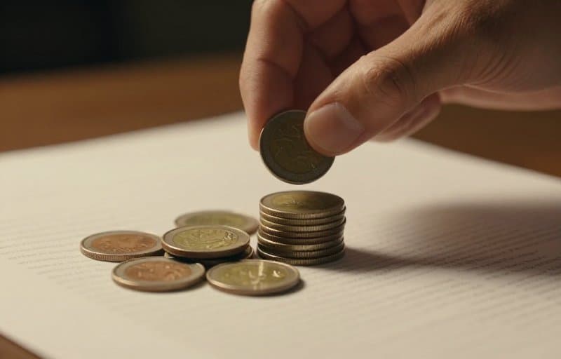 Eine Hand, die eine einzelne Münze von einem kleinen Stapel auf einem Papierdokument hebt, während die übrigen Münzen liegen bleiben, veranschaulicht, dass eine Umkehr des app refund tax nur Ihren Anteil abzieht, nicht die ganze Belegsumme