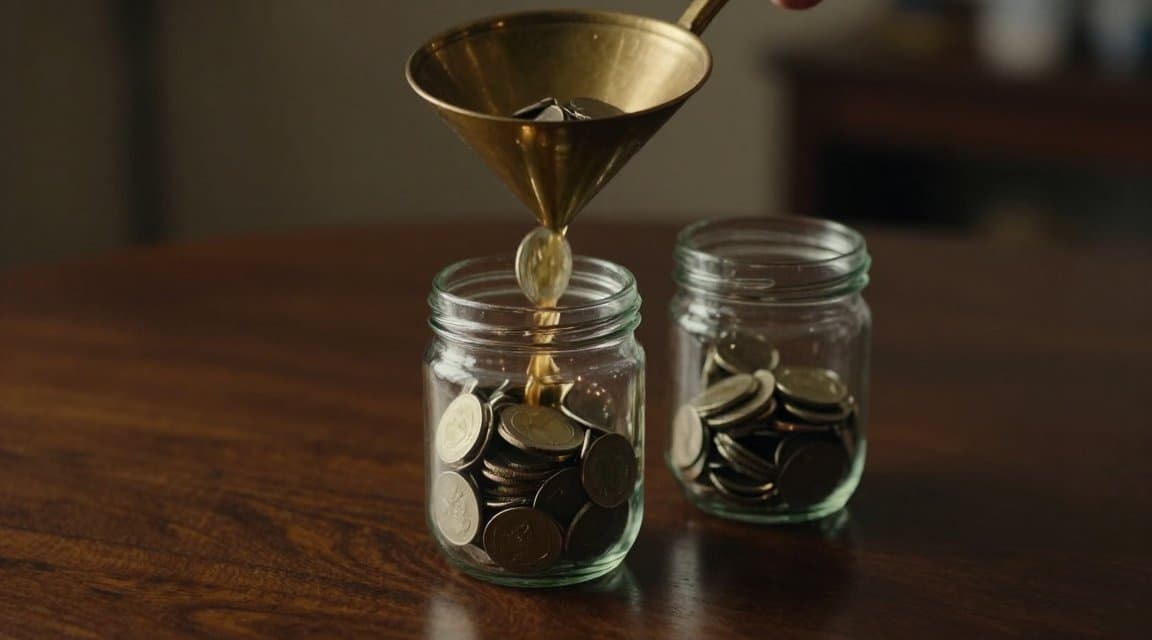 Münzen, die durch einen Messingtrichter in zwei getrennte Glasgefäße auf einem dunklen Schreibtisch fließen, veranschaulichen, wie der app refund tax durch den Store läuft und nie durch Ihren Anteil