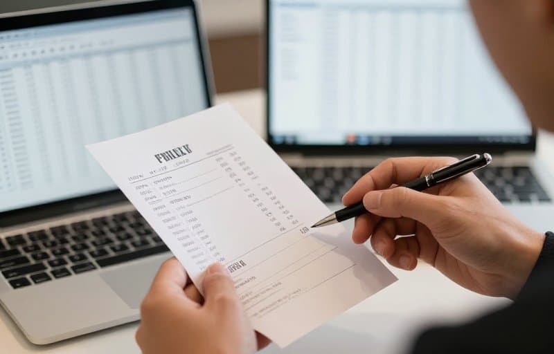 Een ontwikkelaar vergelijkt een geprinte App Store bon met transactieregels op een laptop en controleert een App Store order-ID voordat hij een terugbetalingsverzoek beantwoordt
