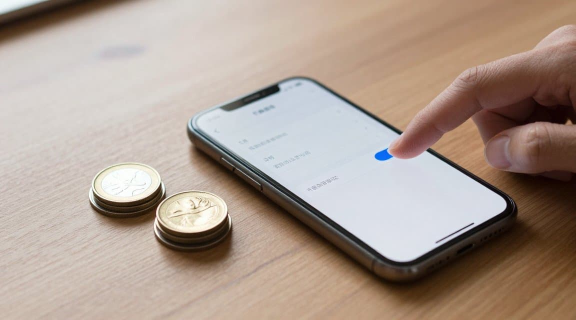 Smartfon na ciepło oświetlonym biurku pokazuje przełącznik subskrypcji, który jest wyłączany, a obok leży nietknięty mały stosik monet, jako obraz tego, że anulowanie subskrypcji to nie zwrot