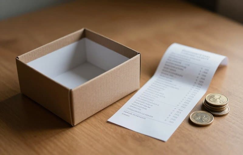 Eine geöffnete leere Geschenkbox neben einer Zahlungsquittung und einem kleinen Stapel Münzen, die einen verbrauchbaren In-App-Kauf veranschaulicht, der ausgeliefert und dann erstattet wurde
