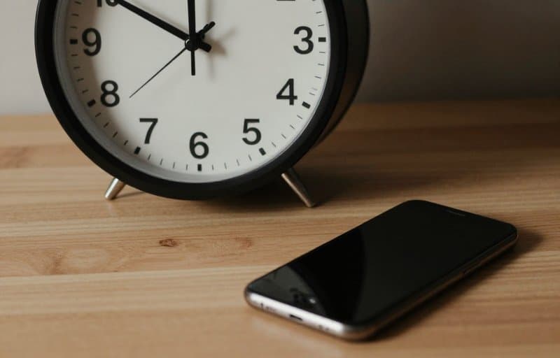 Il quadrante di un orologio analogico su una scrivania accanto a uno smartphone appoggiato con lo schermo verso il basso, a rappresentare la finestra di 12 ore per rispondere alla CONSUMPTION_REQUEST di Apple