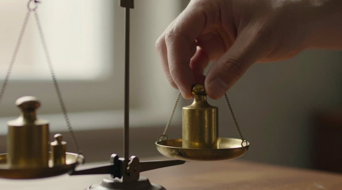 Una mano che posa un piccolo peso di ottone su una bilancia che ne regge già diversi altri, a rappresentare i dati di consumo come un fattore nella decisione di rimborso di Apple