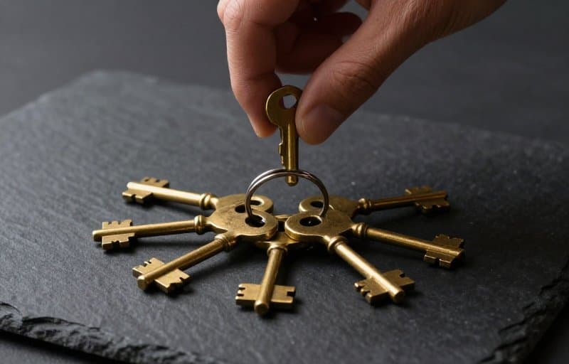 A hand lifting one brass key away from a ring of six identical keys, standing in for revoking a single family member's shared access after a Family Sharing refund