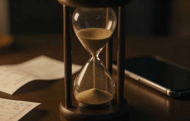 An hourglass with its sand almost run out sitting beside a phone and receipts on a dark desk, standing in for the 24-hour window to respond to a Google Play chargeback