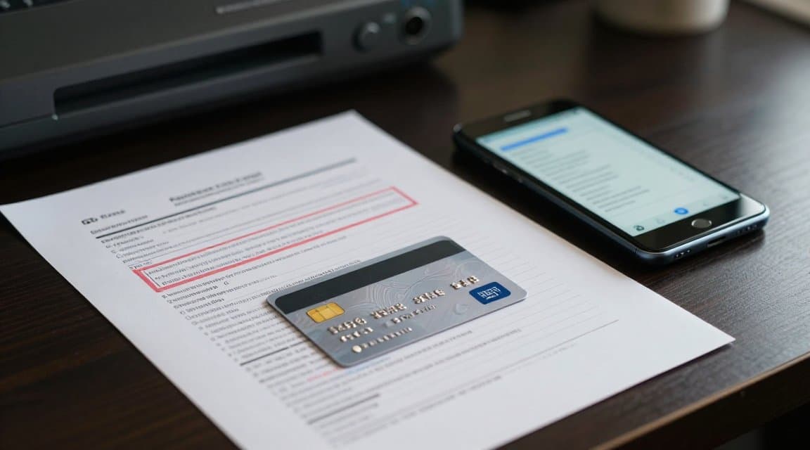 A bank card on a paper financial statement with a disputed line item stamped in red, illustrating Google Play chargeback costs now landing on developers