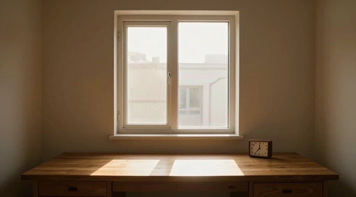 Une fenêtre ouverte laissant une lumière chaude tomber sur un bureau avec une horloge, illustrant la fenêtre de remboursement de Google Play que l'acheteur contrôle