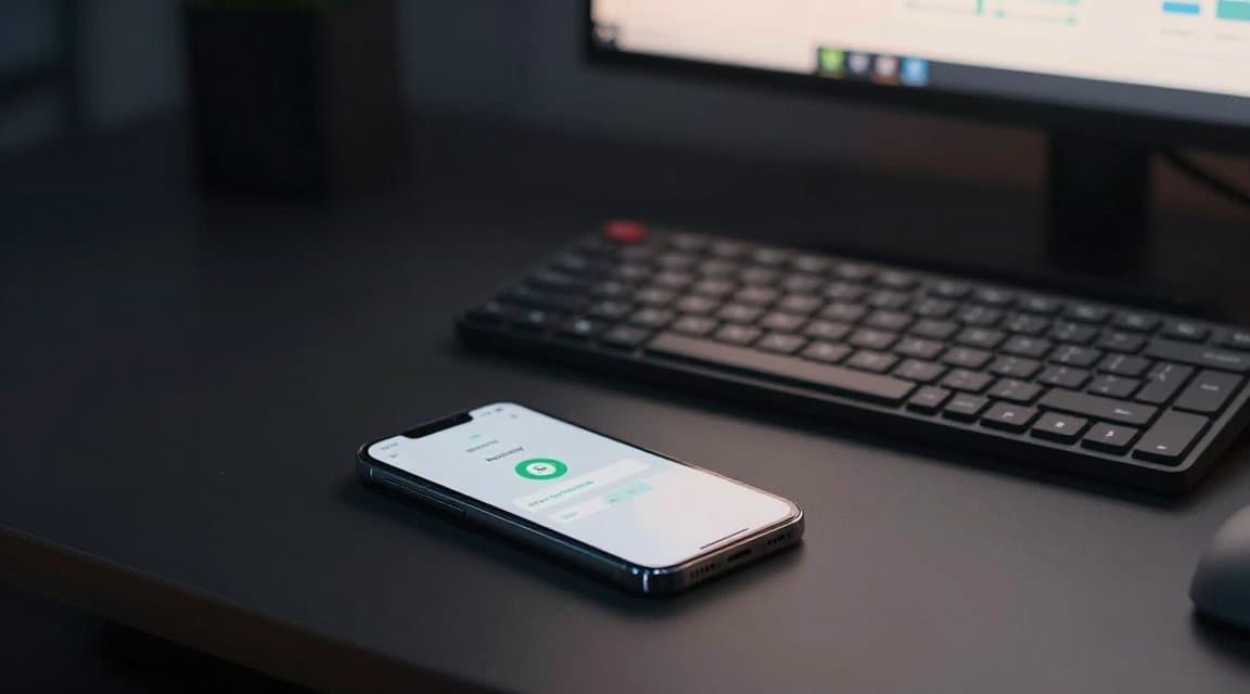 Ruang kerja developer saat senja dengan ponsel yang menampilkan pembayaran yang dibalik, menggambarkan notifikasi pembelian Google Play yang dibatalkan sampai ke server