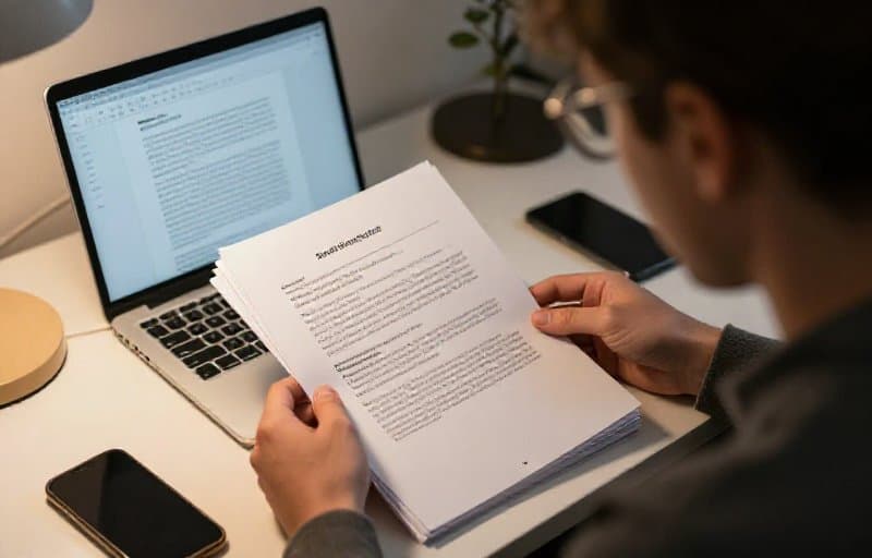 A developer reviewing printed bank dispute letters at a desk beside a laptop and a phone, the paperwork behind iOS web checkout refunds