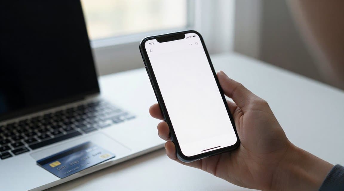 A hand holding an iPhone with a web payment page open beside a laptop and a credit card, illustrating iOS web checkout refunds