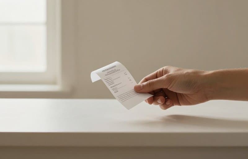 Papierowy paragon podawany przez zwykłą ladę przez dłonie, które nie należą do kupującego, ilustrujący, że sprzedawcą na paragonie jest oficjalny sprzedawca, a nie deweloper