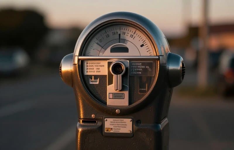 A coin-operated parking meter running down at dusk, illustrating a prepaid plan and a non-renewing subscription that expire when the paid time ends