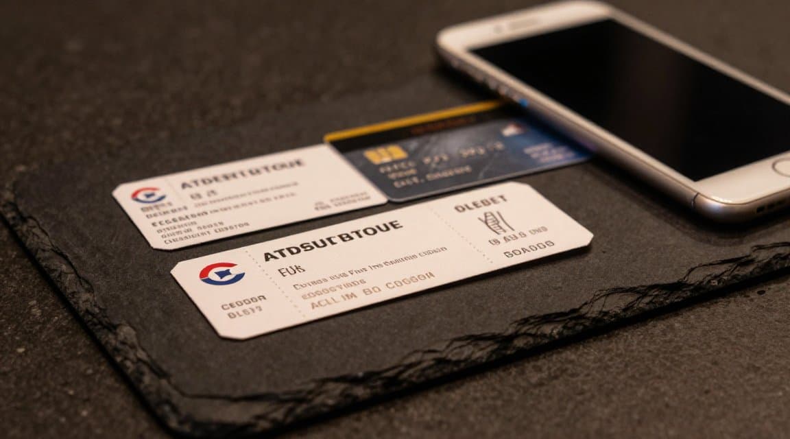 A punched paper ticket resting beside a phone and a bank card, illustrating a non-renewing subscription that is paid once and then expires